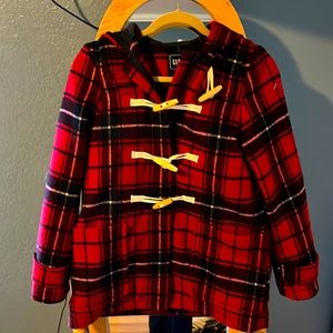 GAP Red & Black Plaid Toggle Pea Coat